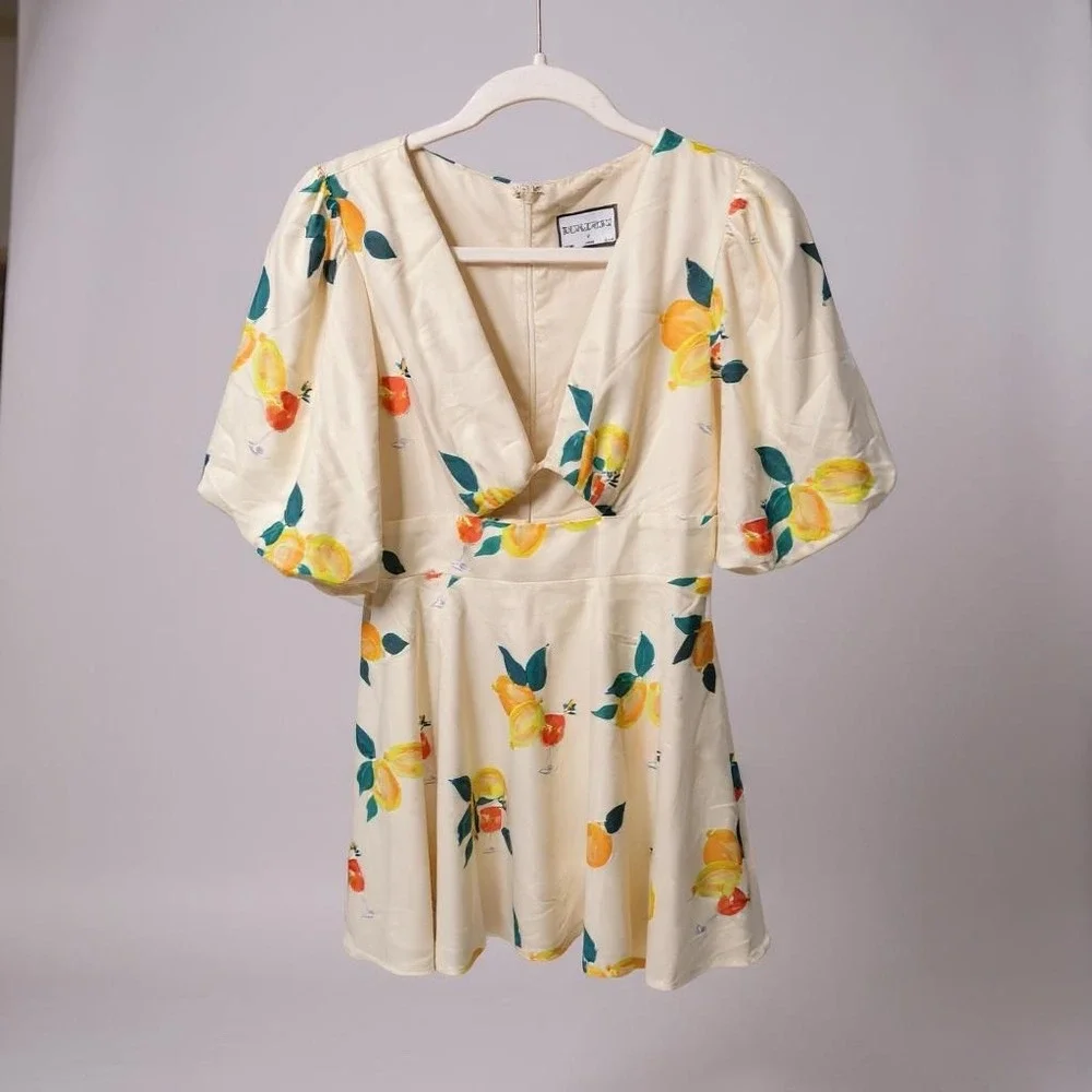 Runaway Cocktail Hour Mini Dress Size S Floral Fruit Print V Neck Short‎ Sleeve